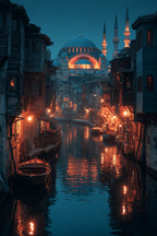 Abendlicher Kanal Mit Holzgebäuden Und Moschee Im Hintergrund | Staedtekunst | Laender und Reisen