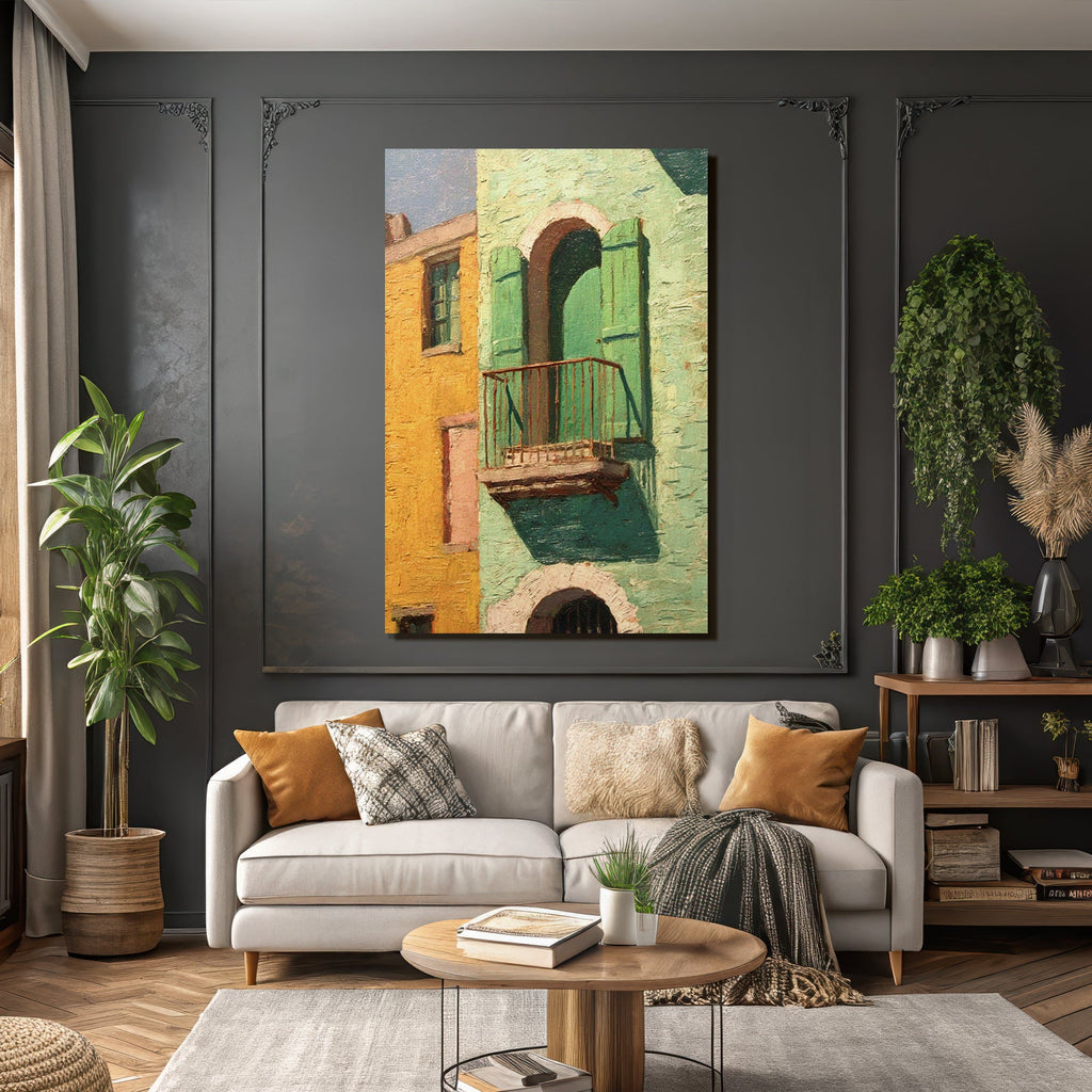 Bunte Fassade Mit Grünem Balkon Und Offenen Läden
