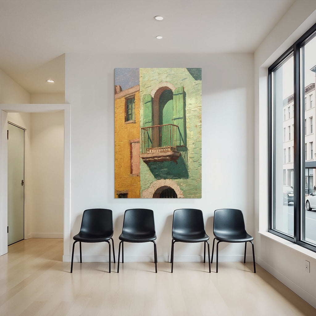 Bunte Fassade Mit Grünem Balkon Und Offenen Läden