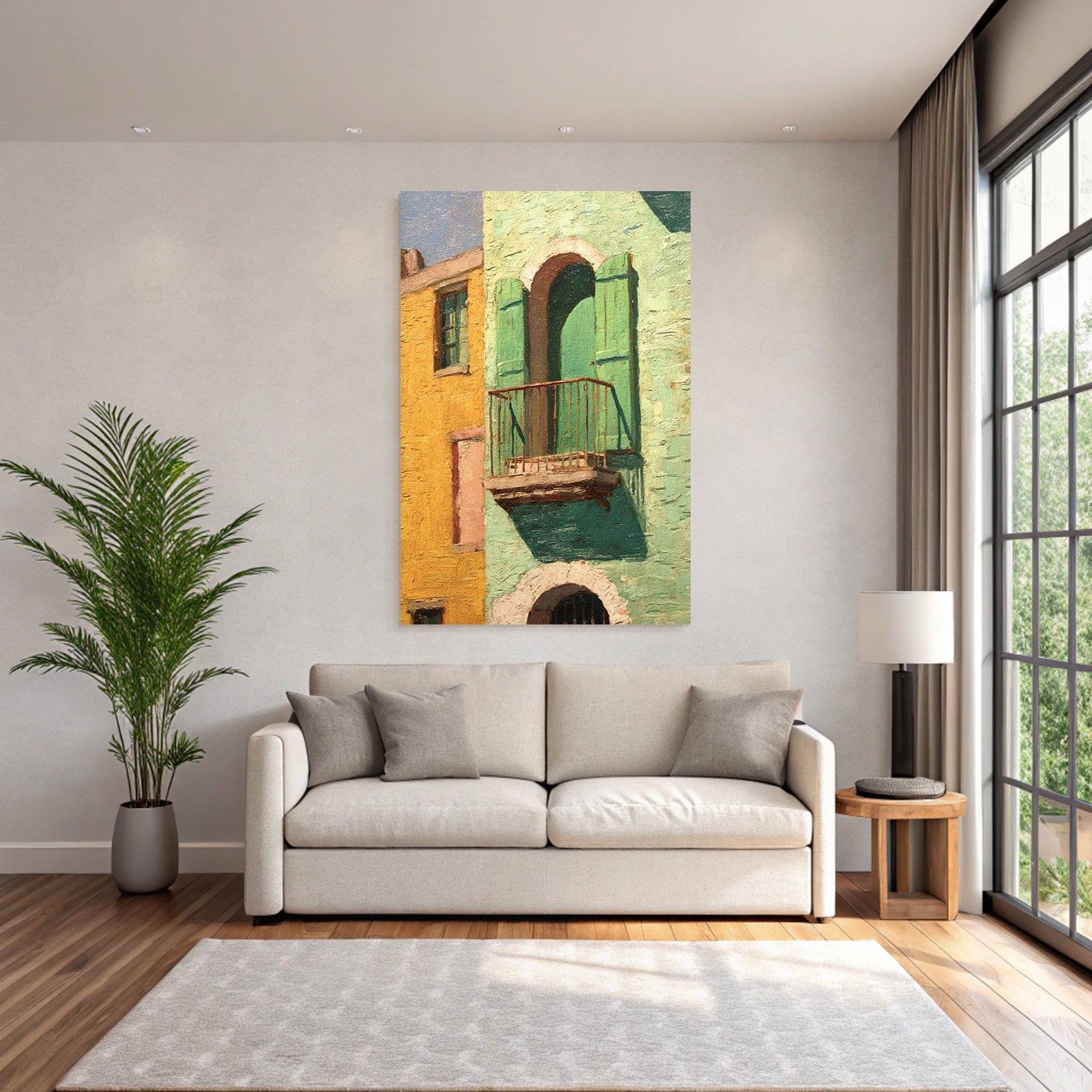 Bunte Fassade Mit Grünem Balkon Und Offenen Läden