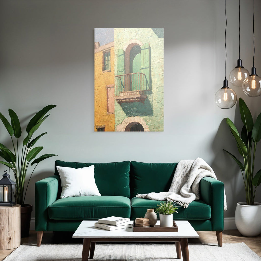Bunte Fassade Mit Grünem Balkon Und Offenen Läden