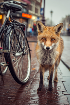 Fuchs Auf Regennasser Strasse Neben Fahrrad | Staedtekunst | Laender und Reisen