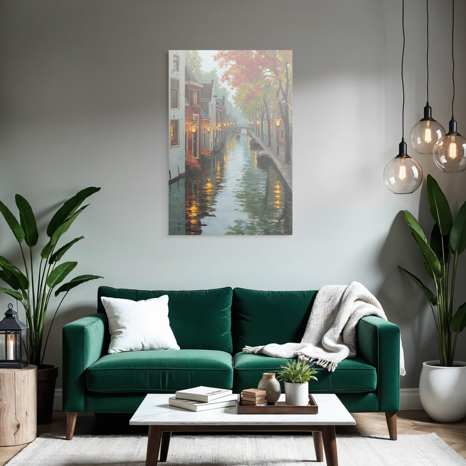 Herbstlicher Kanal Mit Beleuchteten Häusern Und Reflektionen