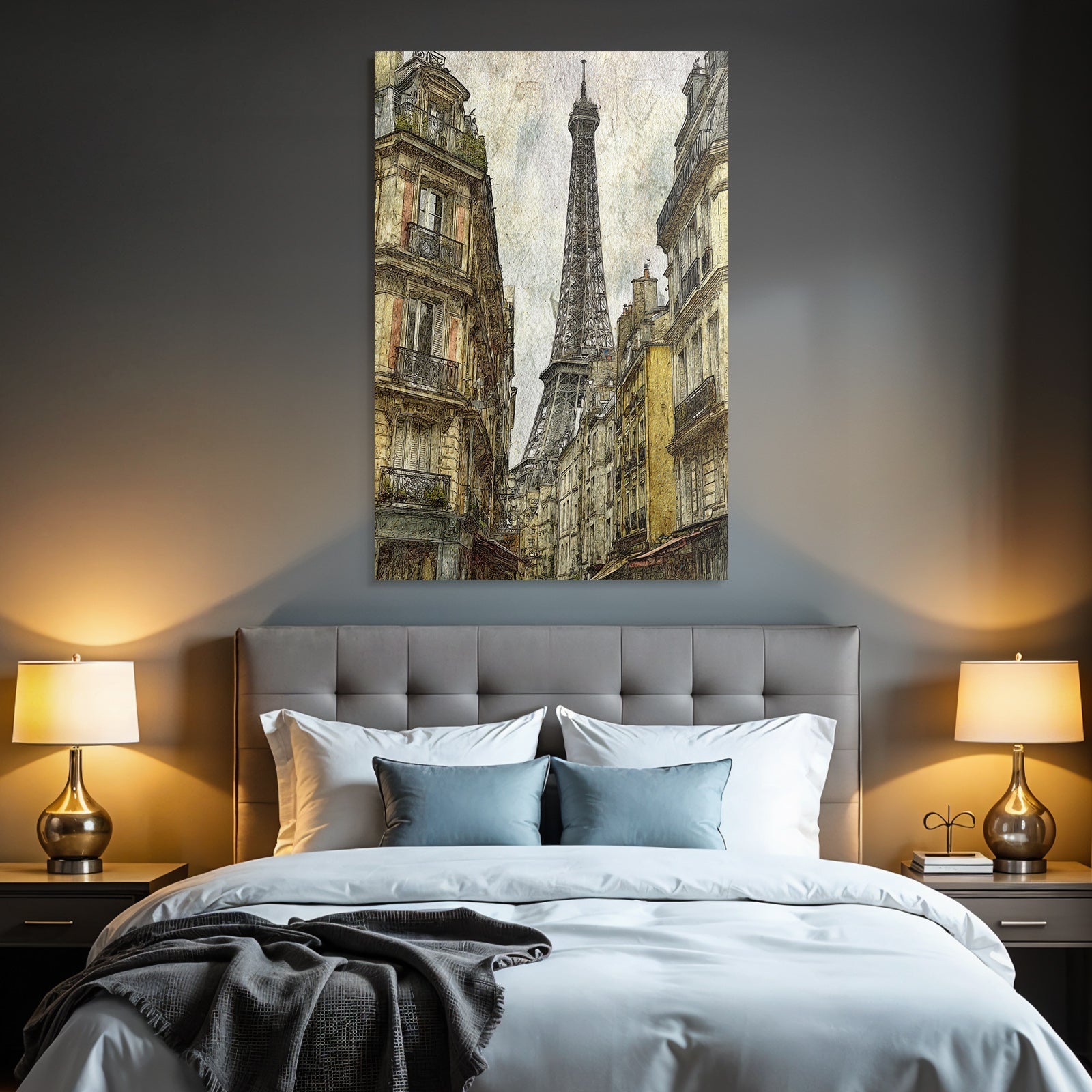 Historische Strassenszene In Paris Mit Eiffelturm Im Hintergrund