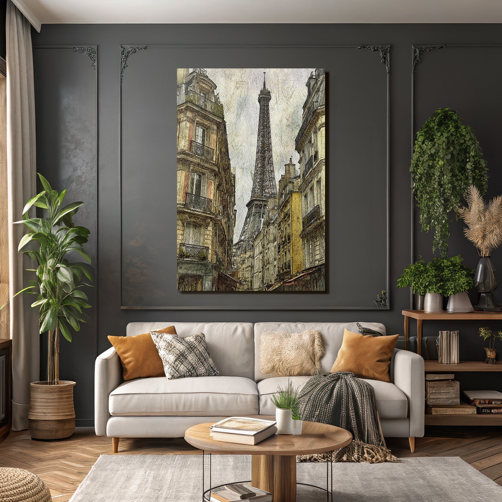 Historische Strassenszene In Paris Mit Eiffelturm Im Hintergrund