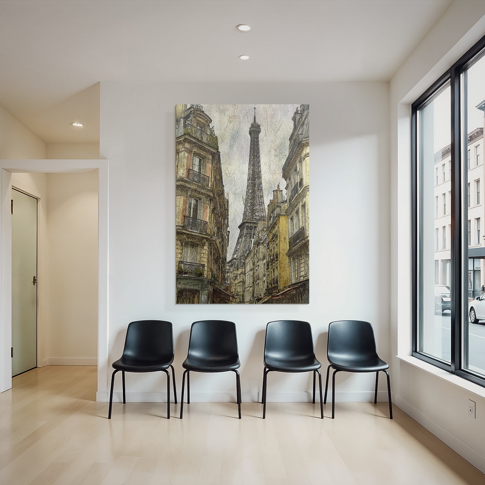 Historische Strassenszene In Paris Mit Eiffelturm Im Hintergrund