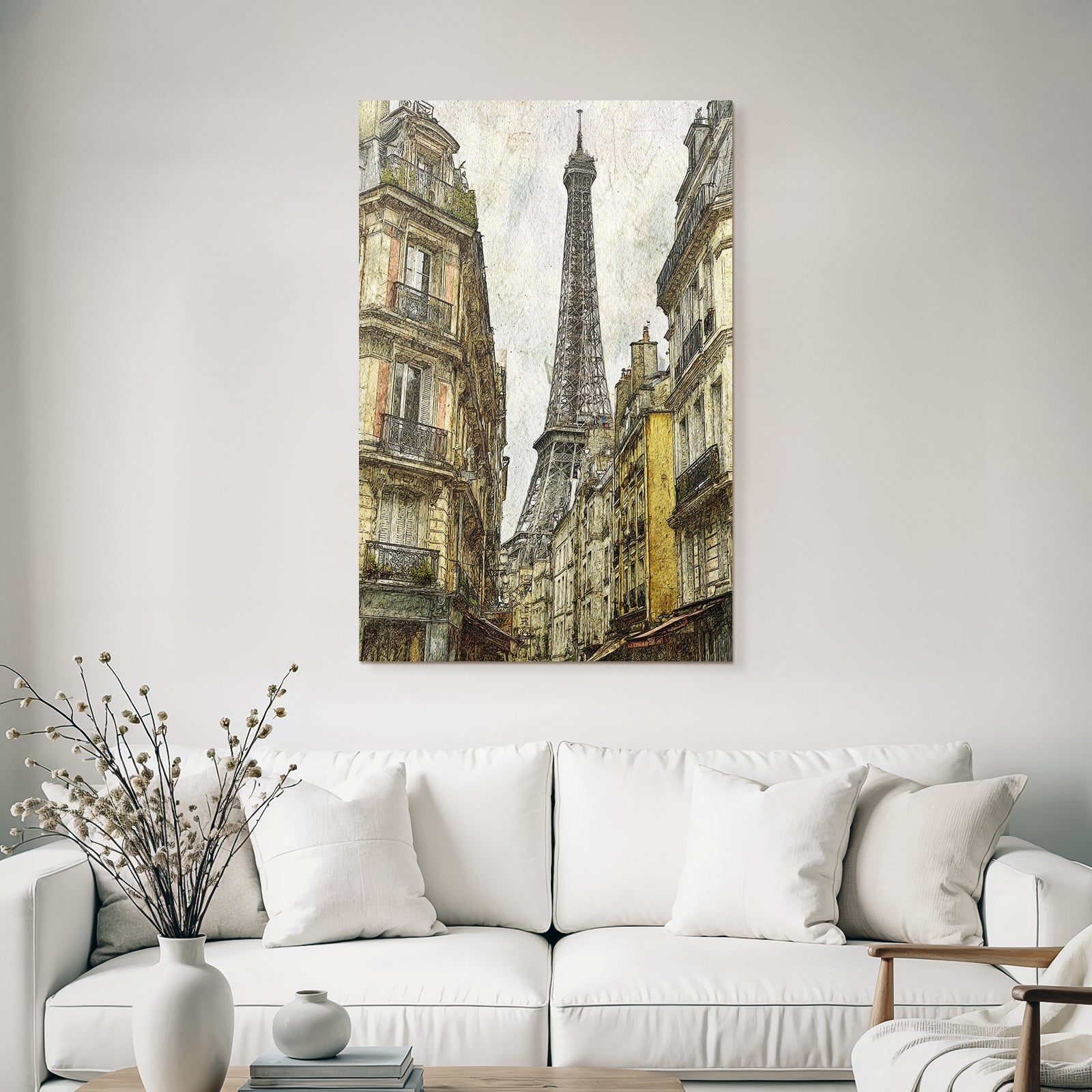 Historische Strassenszene In Paris Mit Eiffelturm Im Hintergrund