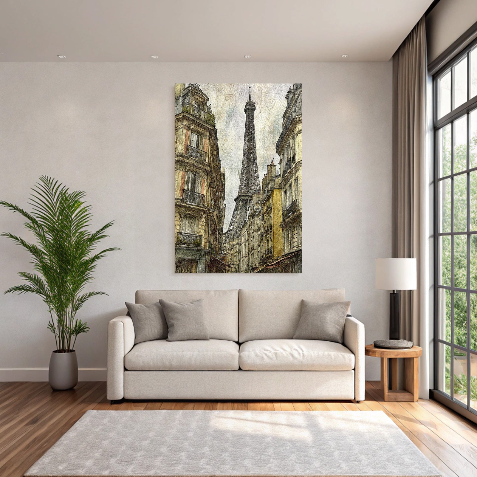 Historische Strassenszene In Paris Mit Eiffelturm Im Hintergrund
