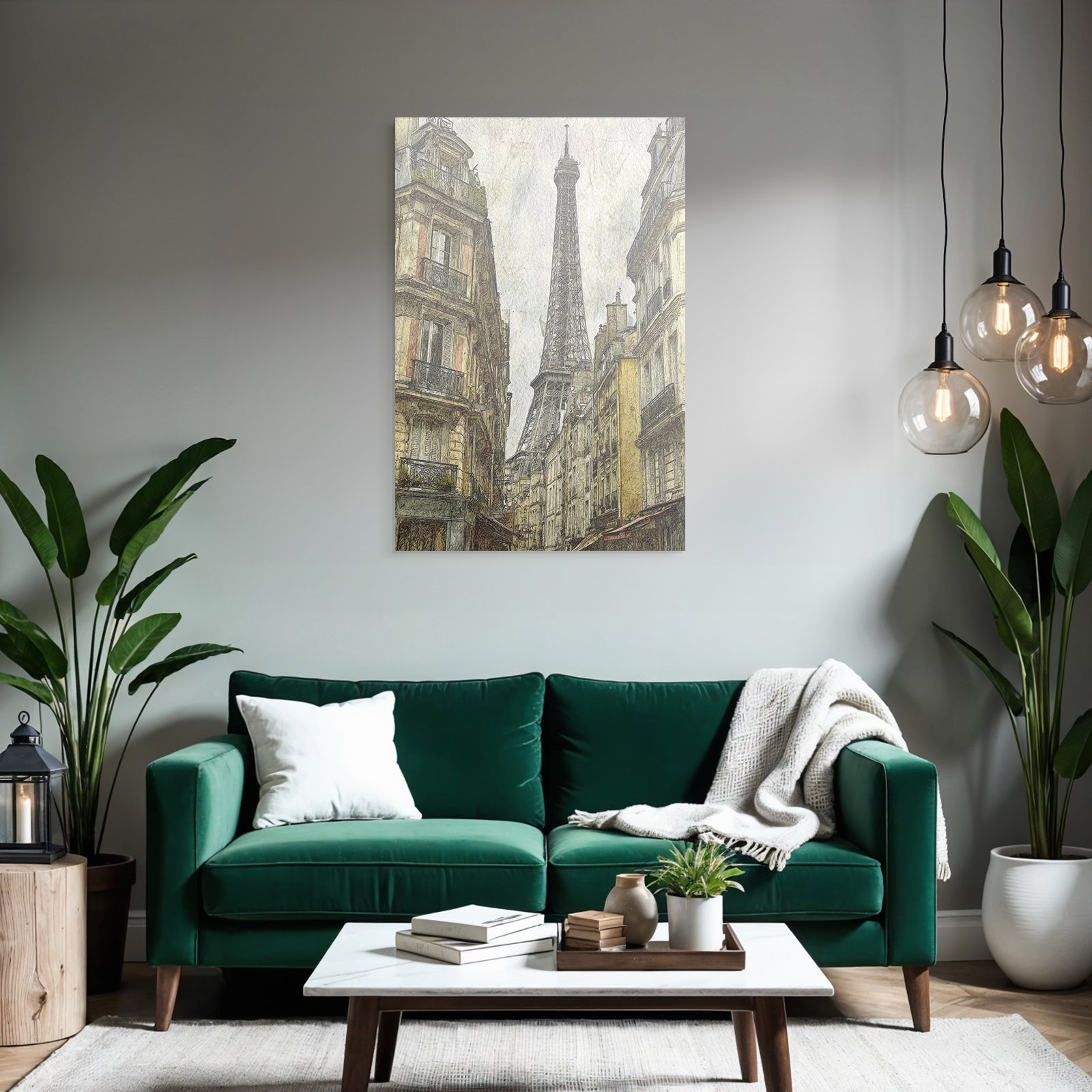 Historische Strassenszene In Paris Mit Eiffelturm Im Hintergrund
