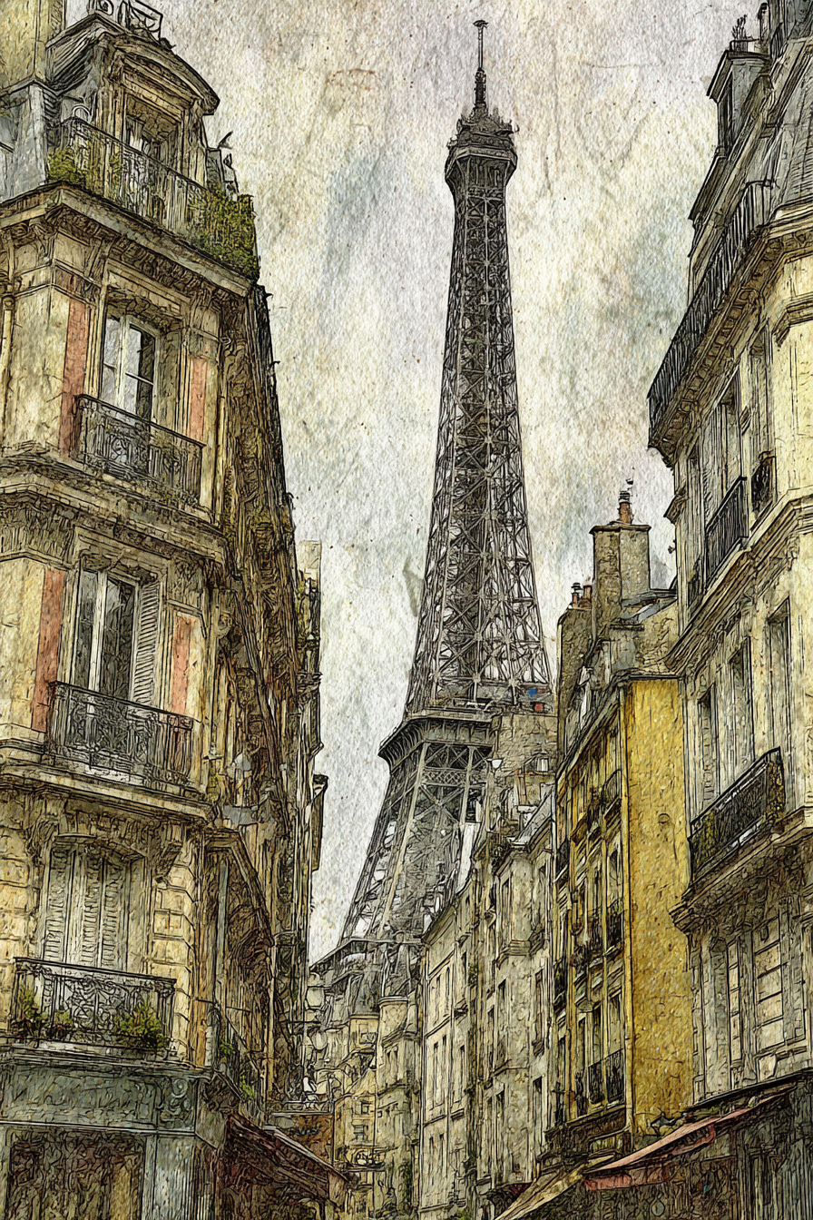 Historische Strassenszene In Paris Mit Eiffelturm Im Hintergrund | Staedtekunst | Laender und Reisen