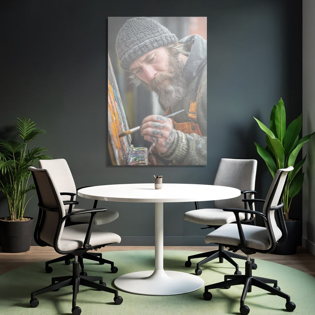 Maler Mit Bart Und Strickmütze Malt Farbenfrohe Leinwand Im Atelier