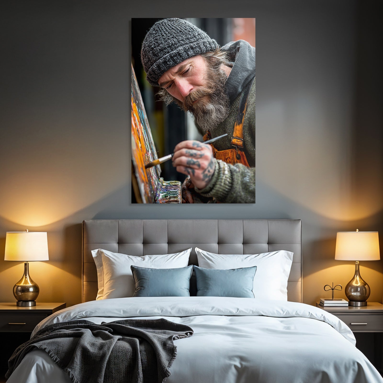 Maler Mit Bart Und Strickmütze Malt Farbenfrohe Leinwand Im Atelier