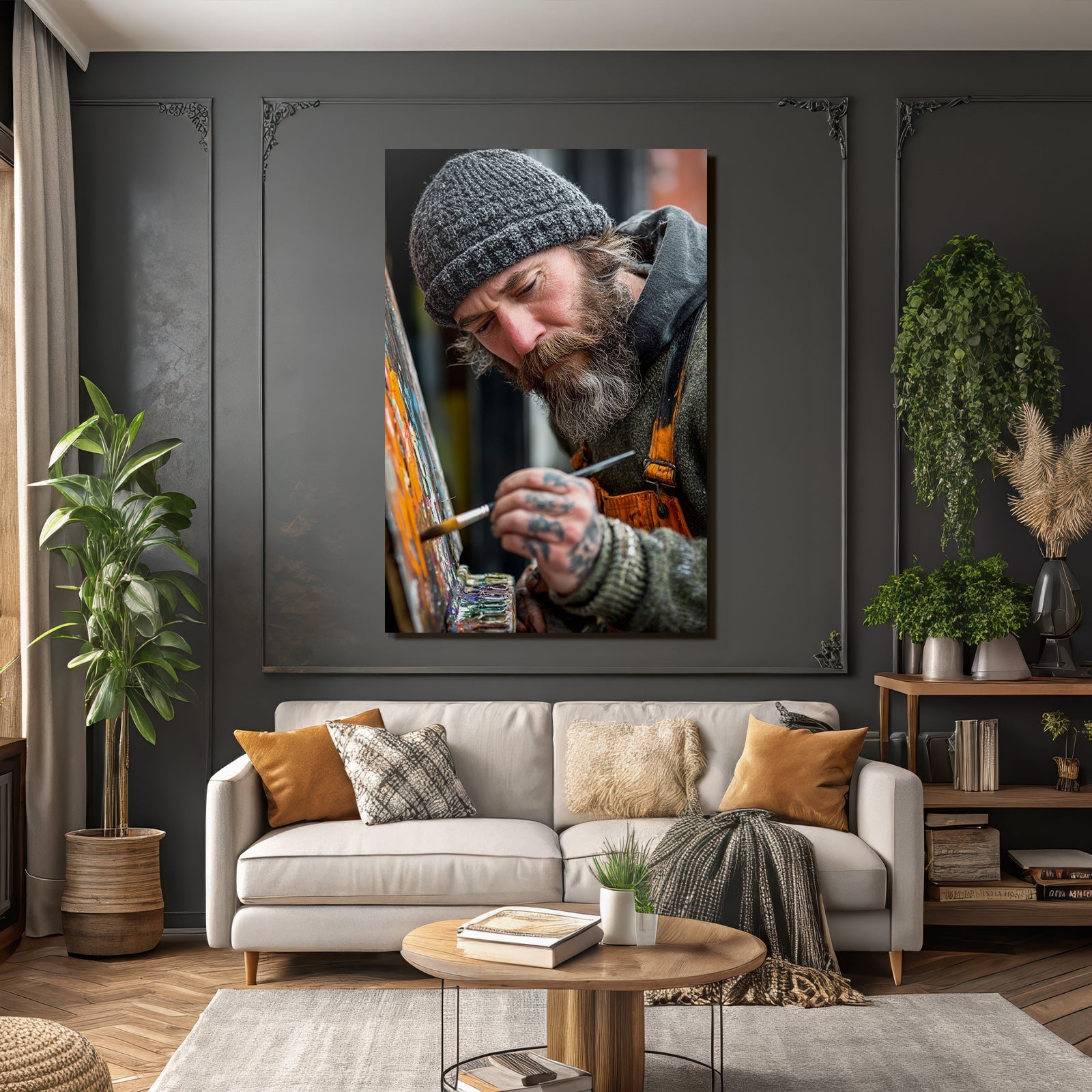 Maler Mit Bart Und Strickmütze Malt Farbenfrohe Leinwand Im Atelier