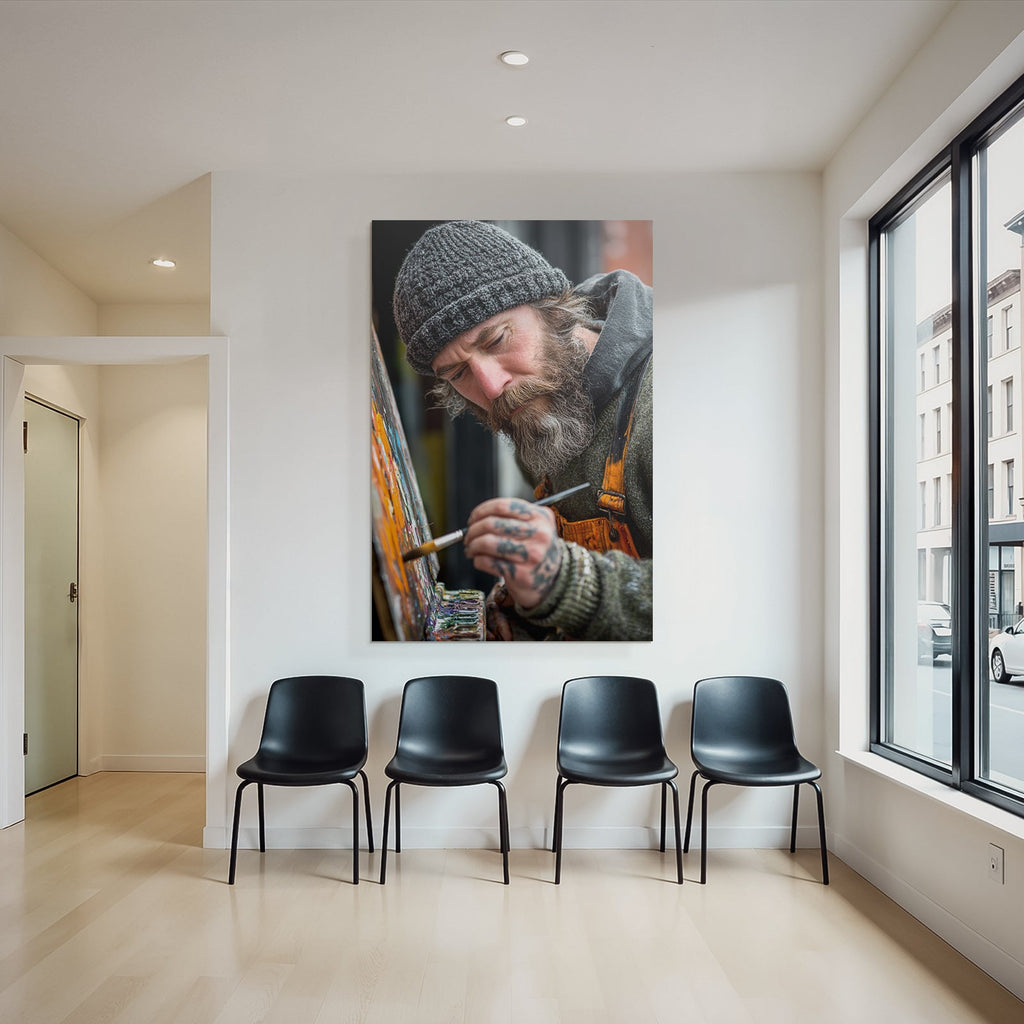 Maler Mit Bart Und Strickmütze Malt Farbenfrohe Leinwand Im Atelier