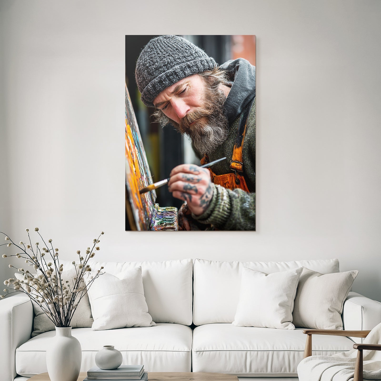 Maler Mit Bart Und Strickmütze Malt Farbenfrohe Leinwand Im Atelier