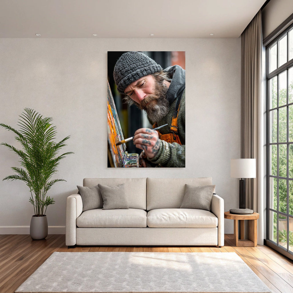 Maler Mit Bart Und Strickmütze Malt Farbenfrohe Leinwand Im Atelier