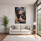 Maler Mit Bart Und Strickmütze Malt Farbenfrohe Leinwand Im Atelier