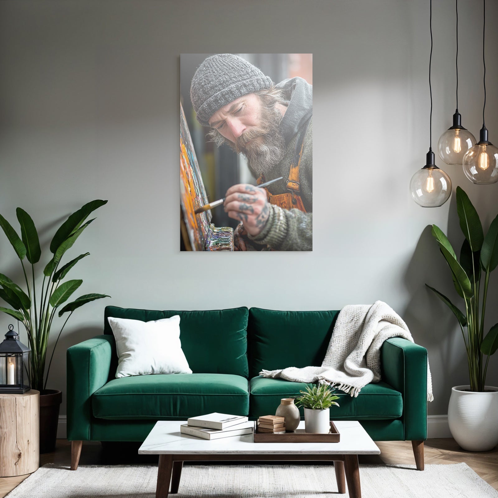 Maler Mit Bart Und Strickmütze Malt Farbenfrohe Leinwand Im Atelier