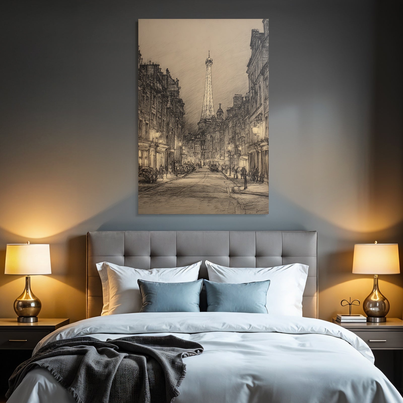 Nachtstrasse In Paris Mit Eiffelturm Und Oldtimern