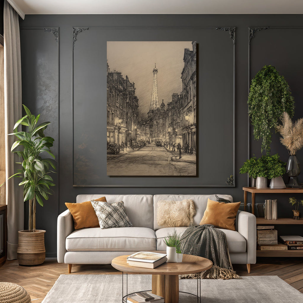 Nachtstrasse In Paris Mit Eiffelturm Und Oldtimern