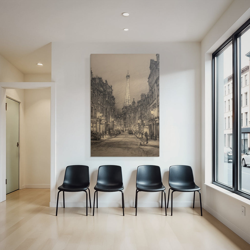 Nachtstrasse In Paris Mit Eiffelturm Und Oldtimern