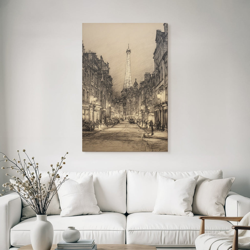 Nachtstrasse In Paris Mit Eiffelturm Und Oldtimern