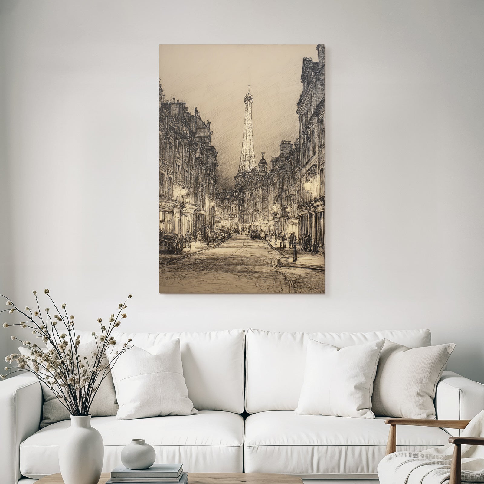 Nachtstrasse In Paris Mit Eiffelturm Und Oldtimern
