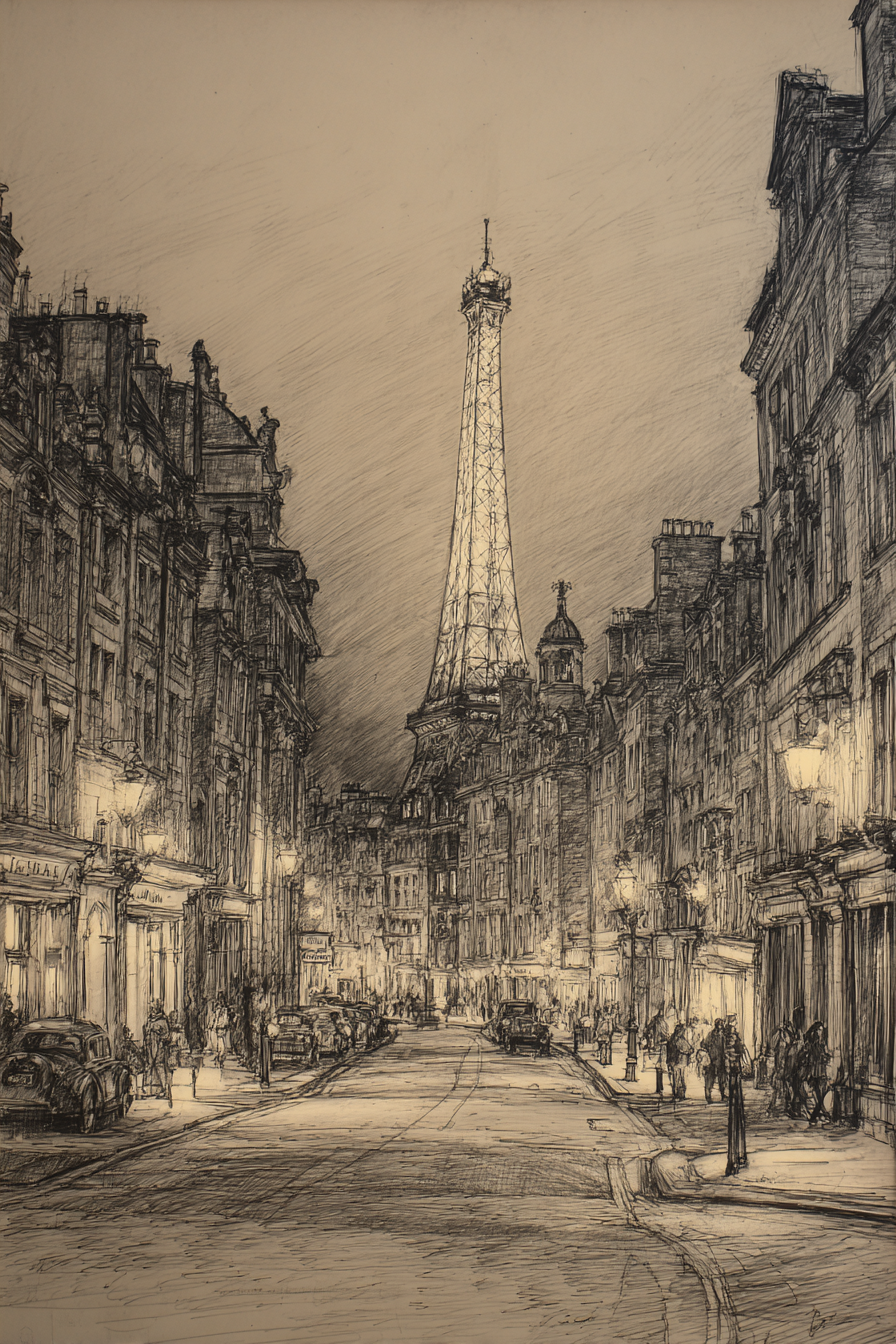 Nachtstrasse In Paris Mit Eiffelturm Und Oldtimern | Staedtekunst | Laender und Reisen