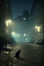 Nebelige Nachtgasse Mit Schwarzkatze | Staedtekunst | Laender und Reisen