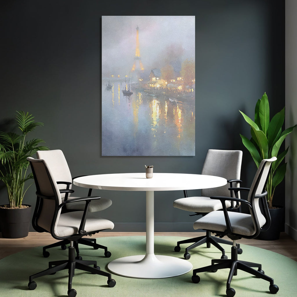 Nebliges Paris Aquarell Mit Eiffelturm Und Spiegelung In Der Seine