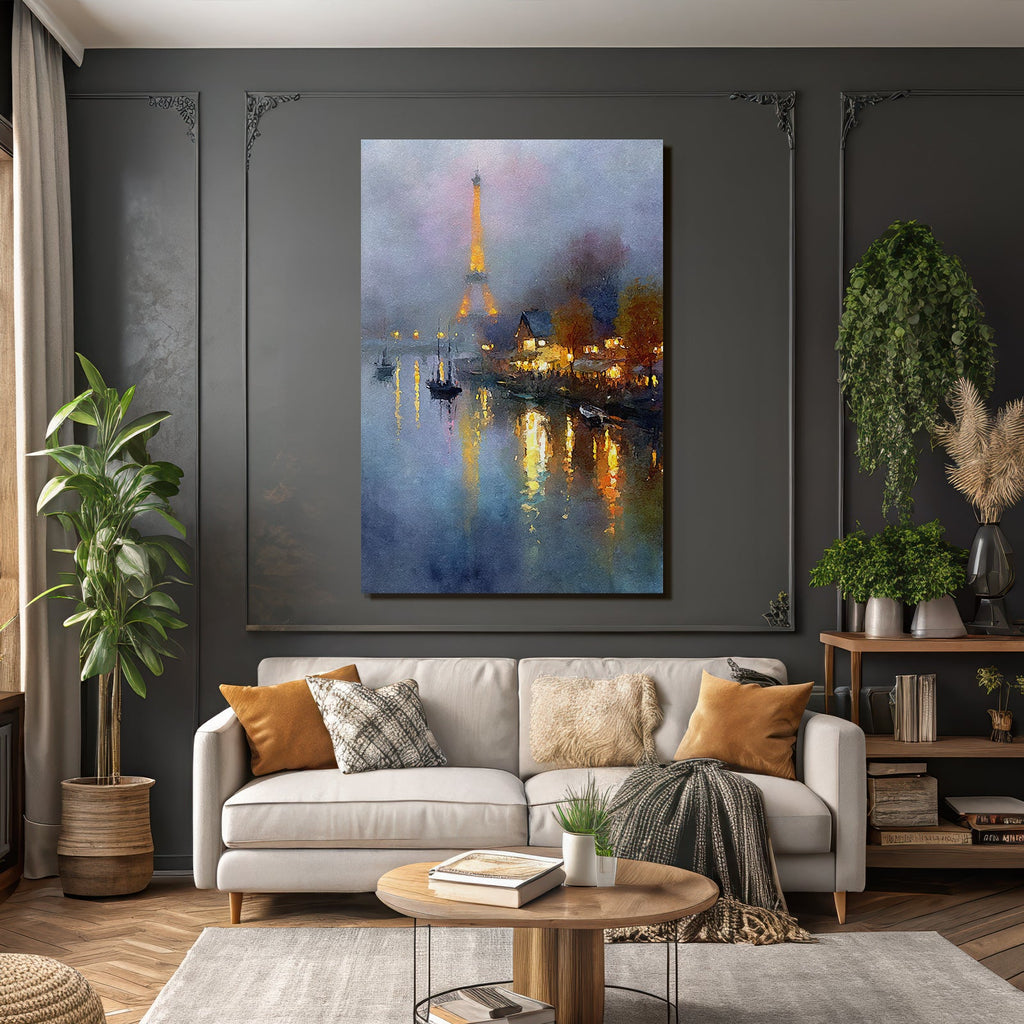 Nebliges Paris Aquarell Mit Eiffelturm Und Spiegelung In Der Seine