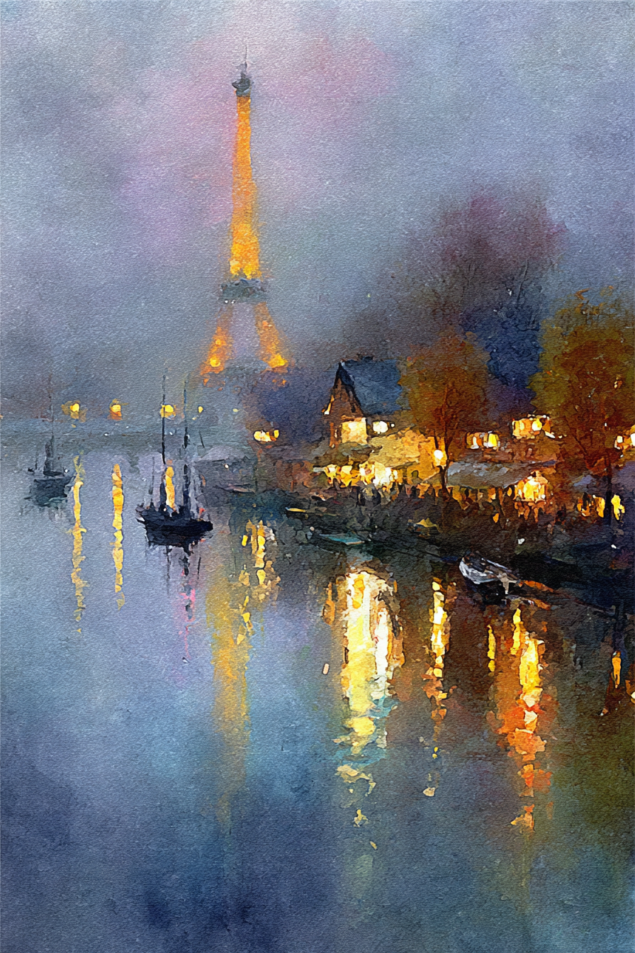 Nebliges Paris Aquarell Mit Eiffelturm Und Spiegelung In Der Seine | Staedtekunst | Laender und Reisen