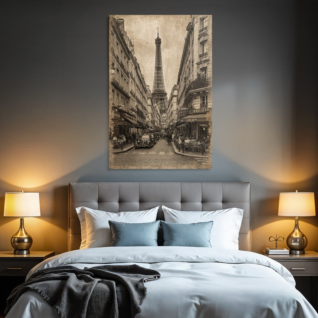 Pariser Strassenszene Mit Eiffelturm Im Sepia Stil Und Oldtimerautos