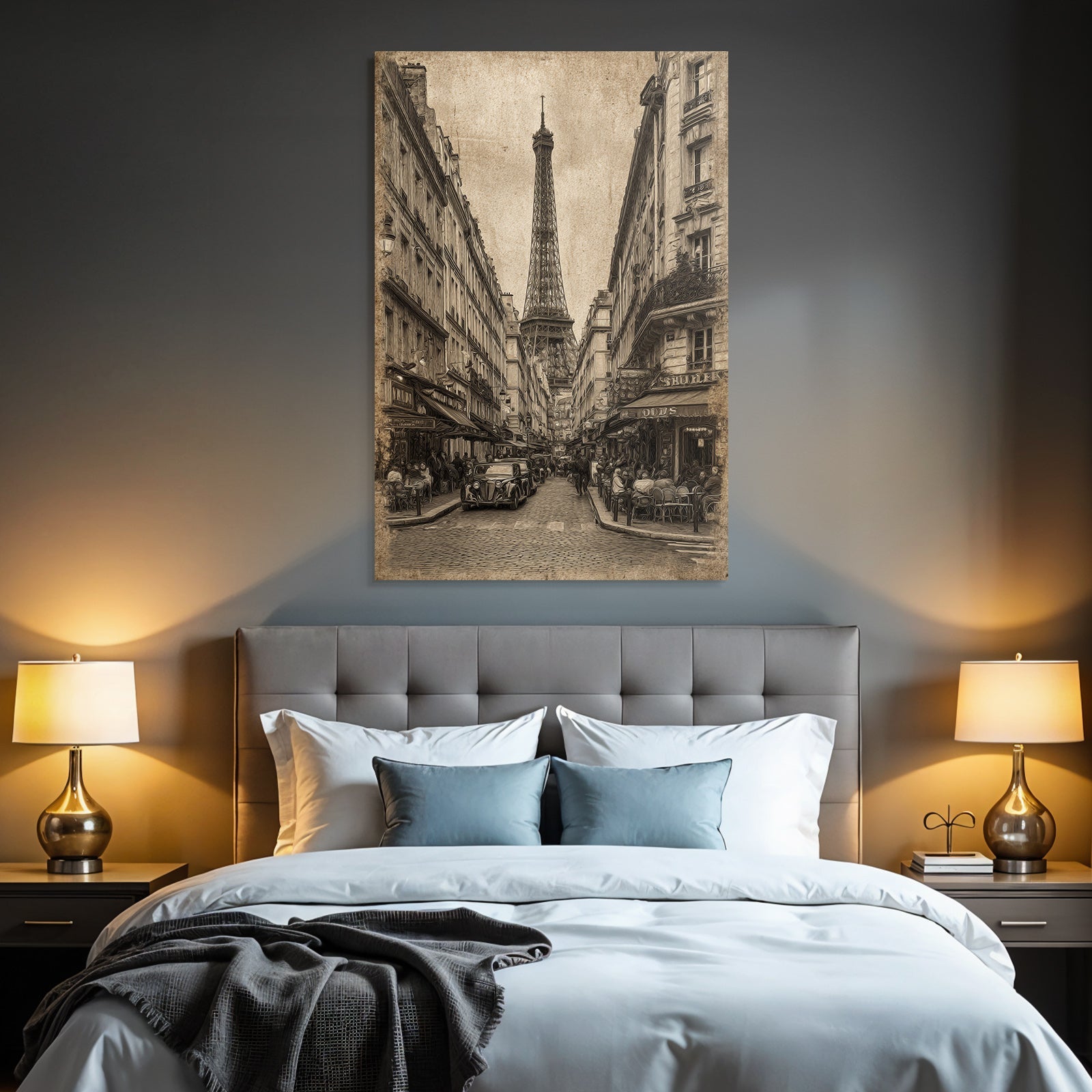 Pariser Strassenszene Mit Eiffelturm Im Sepia Stil Und Oldtimerautos