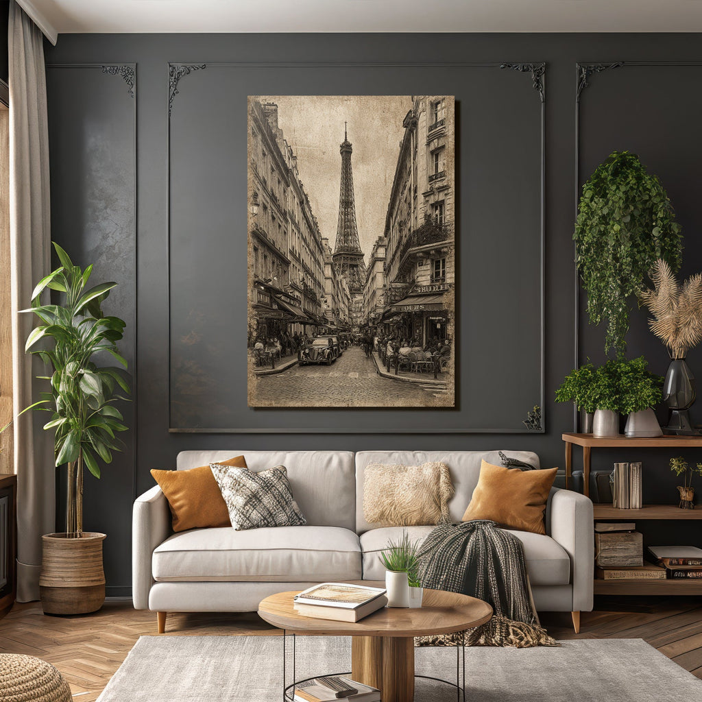 Pariser Strassenszene Mit Eiffelturm Im Sepia Stil Und Oldtimerautos