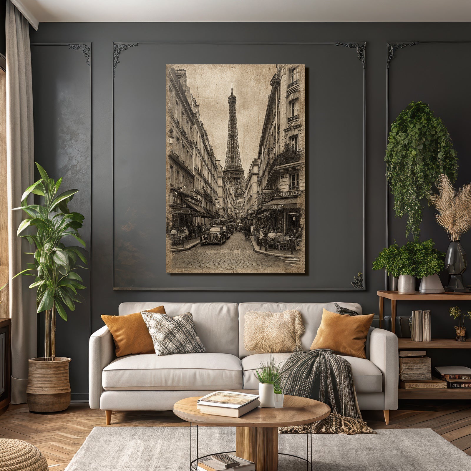 Pariser Strassenszene Mit Eiffelturm Im Sepia Stil Und Oldtimerautos