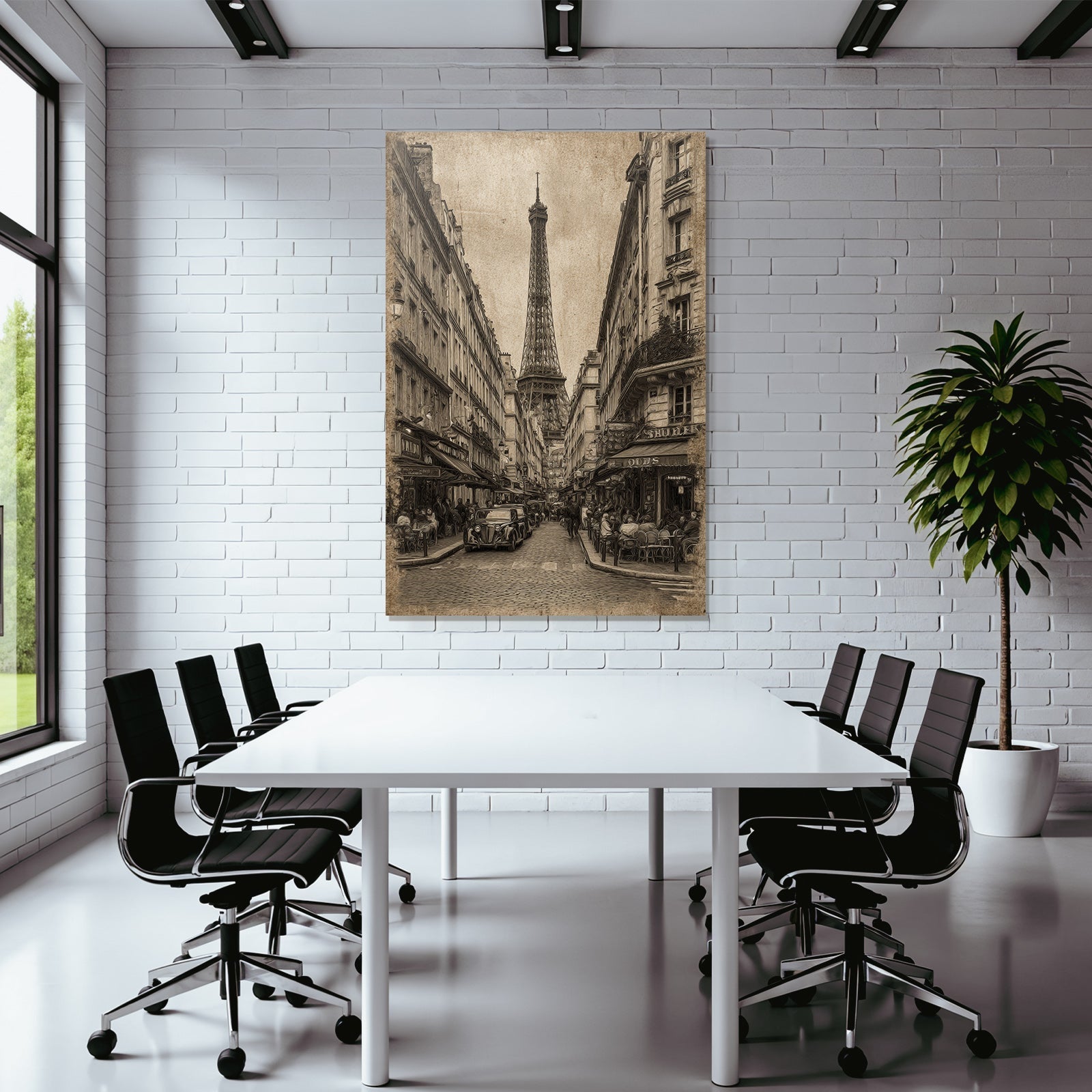 Pariser Strassenszene Mit Eiffelturm Im Sepia Stil Und Oldtimerautos