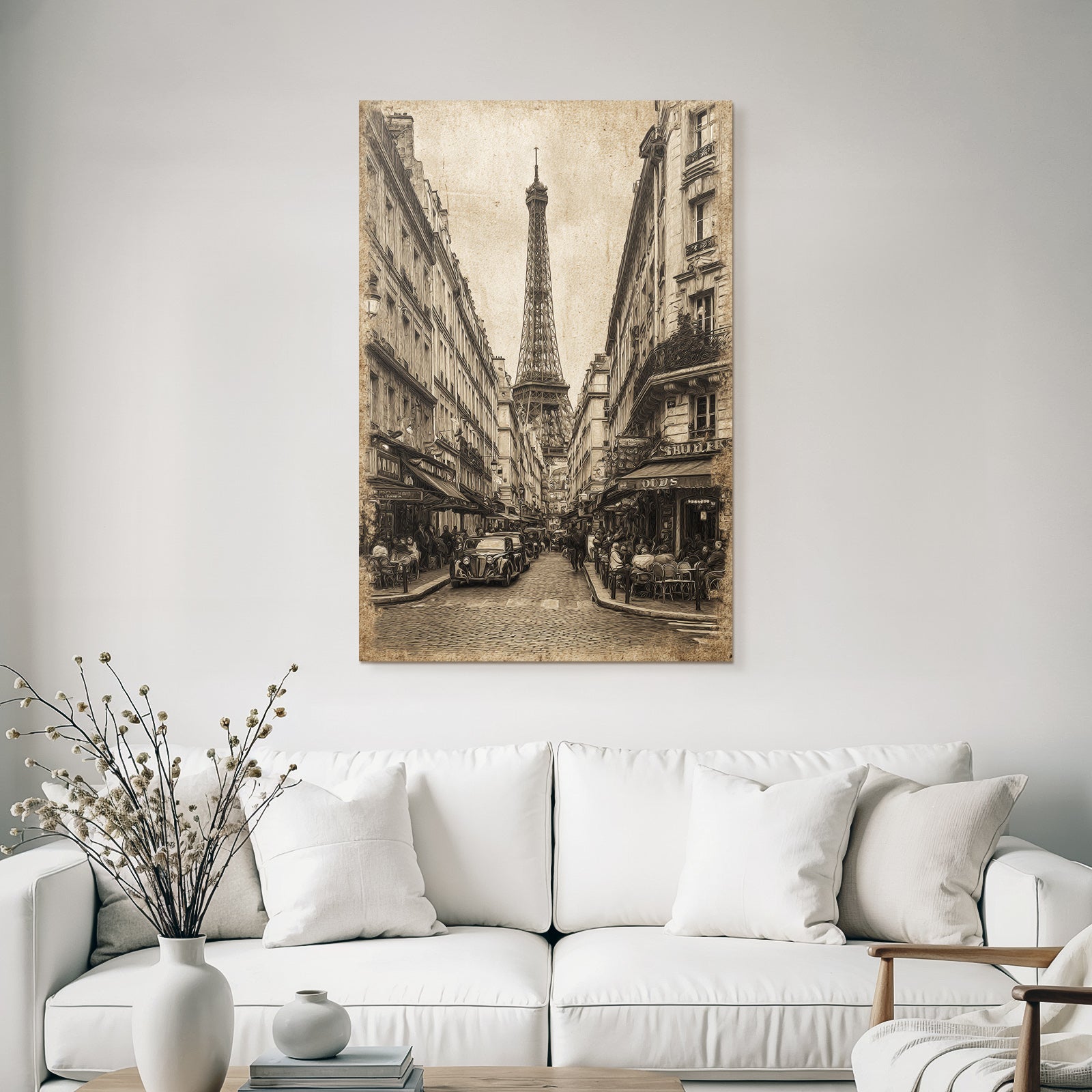 Pariser Strassenszene Mit Eiffelturm Im Sepia Stil Und Oldtimerautos