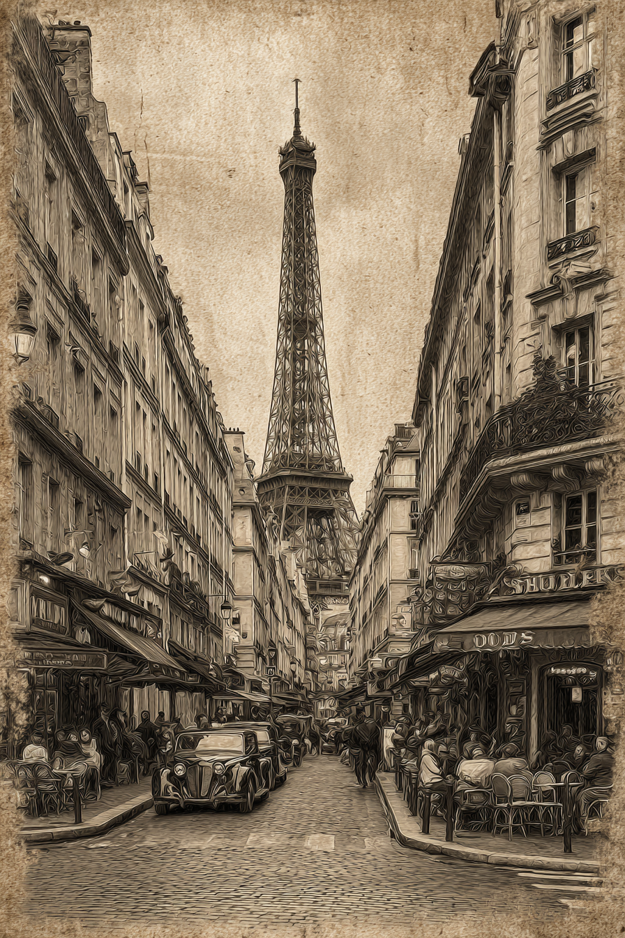 Pariser Strassenszene Mit Eiffelturm Im Sepia Stil Und Oldtimerautos | Staedtekunst | Laender und Reisen