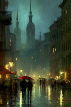 Regennacht In Der Altstadt Mit Regenschirmen Und Beleuchteten Spitzen | Staedtekunst | Laender und Reisen