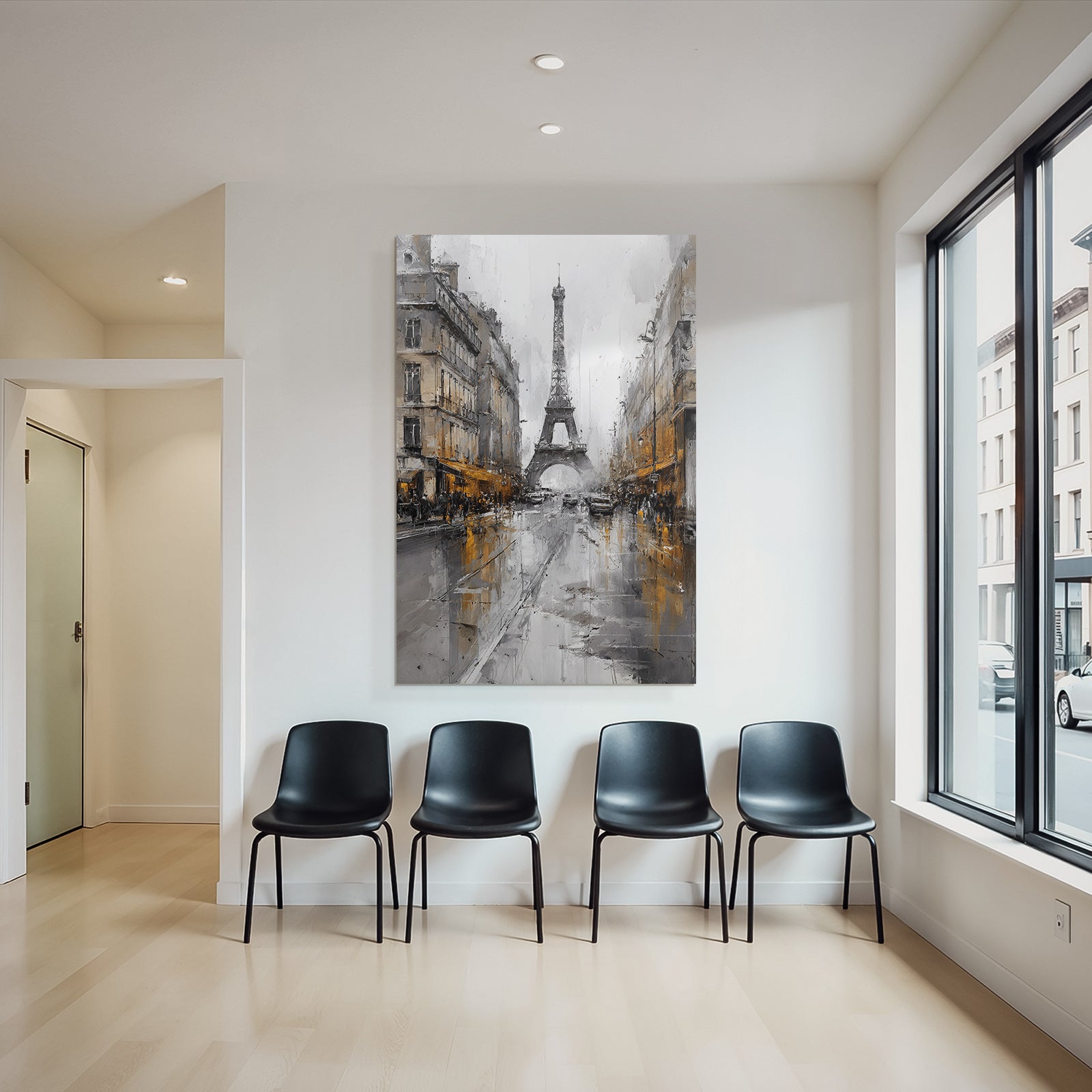 Regennasse Paris Strasse Mit Eiffelturm Im Abstrakten Stil