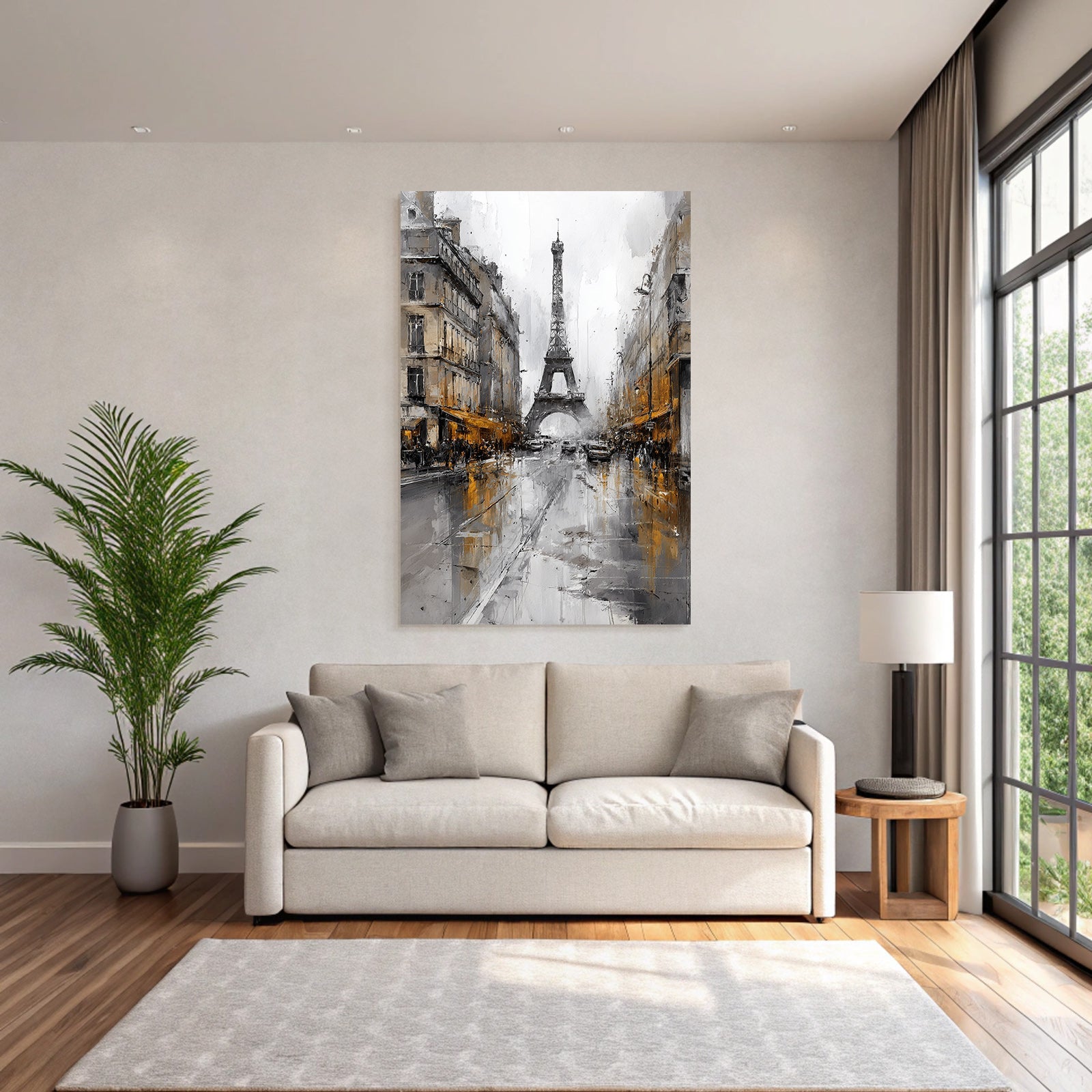 Regennasse Paris Strasse Mit Eiffelturm Im Abstrakten Stil
