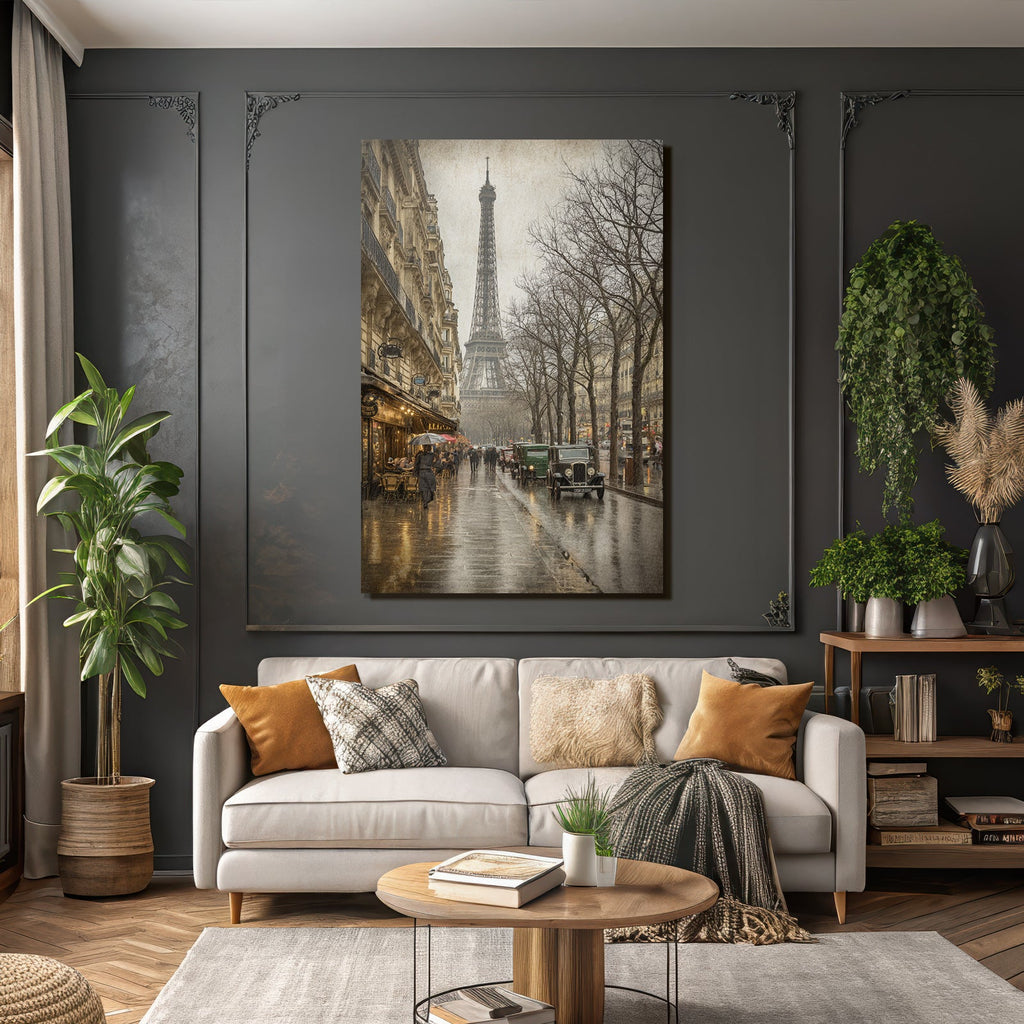 Regnerische Strassenszene In Paris Mit Eiffelturm Regenschirmen Und Nostalgischen Autos