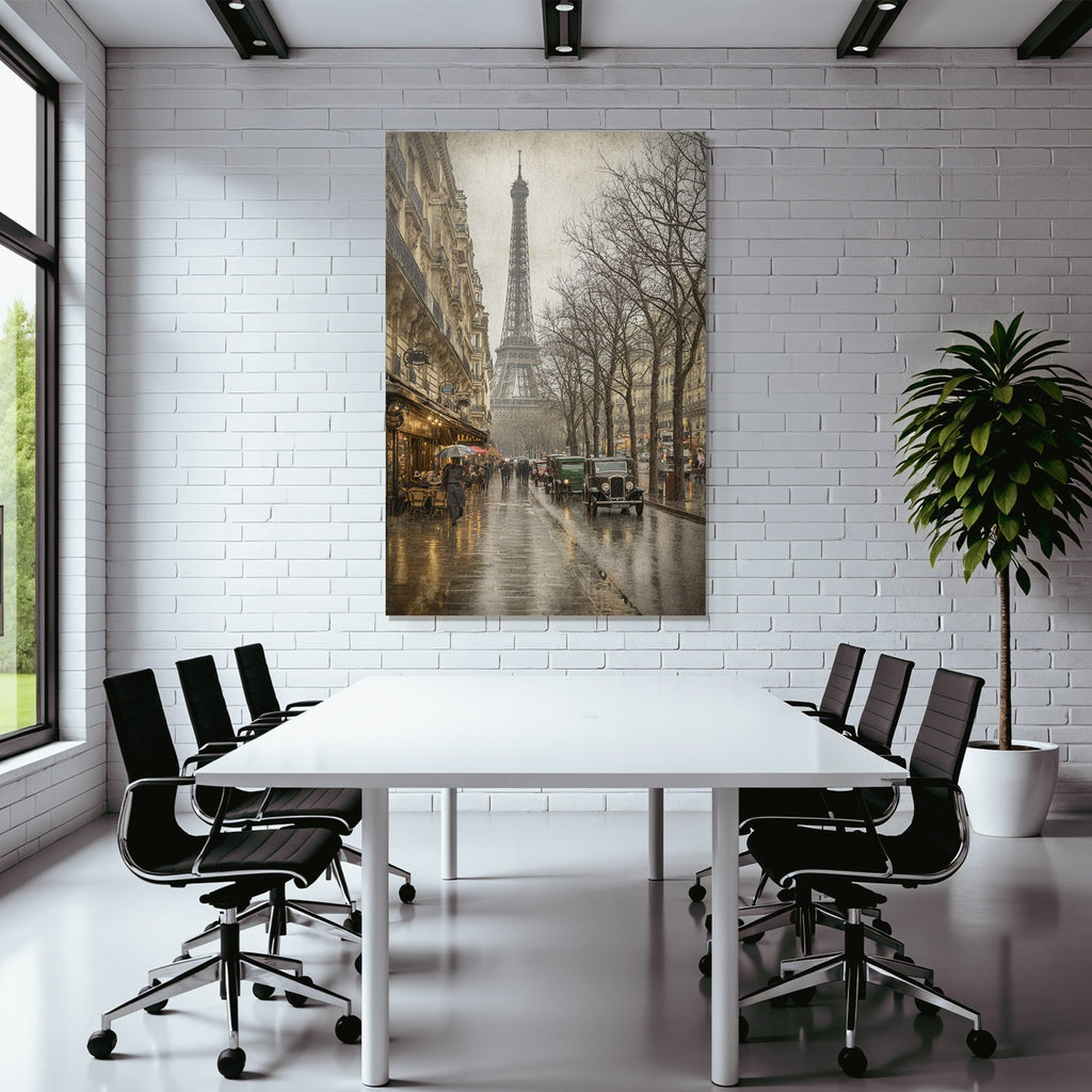 Regnerische Strassenszene In Paris Mit Eiffelturm Regenschirmen Und Nostalgischen Autos