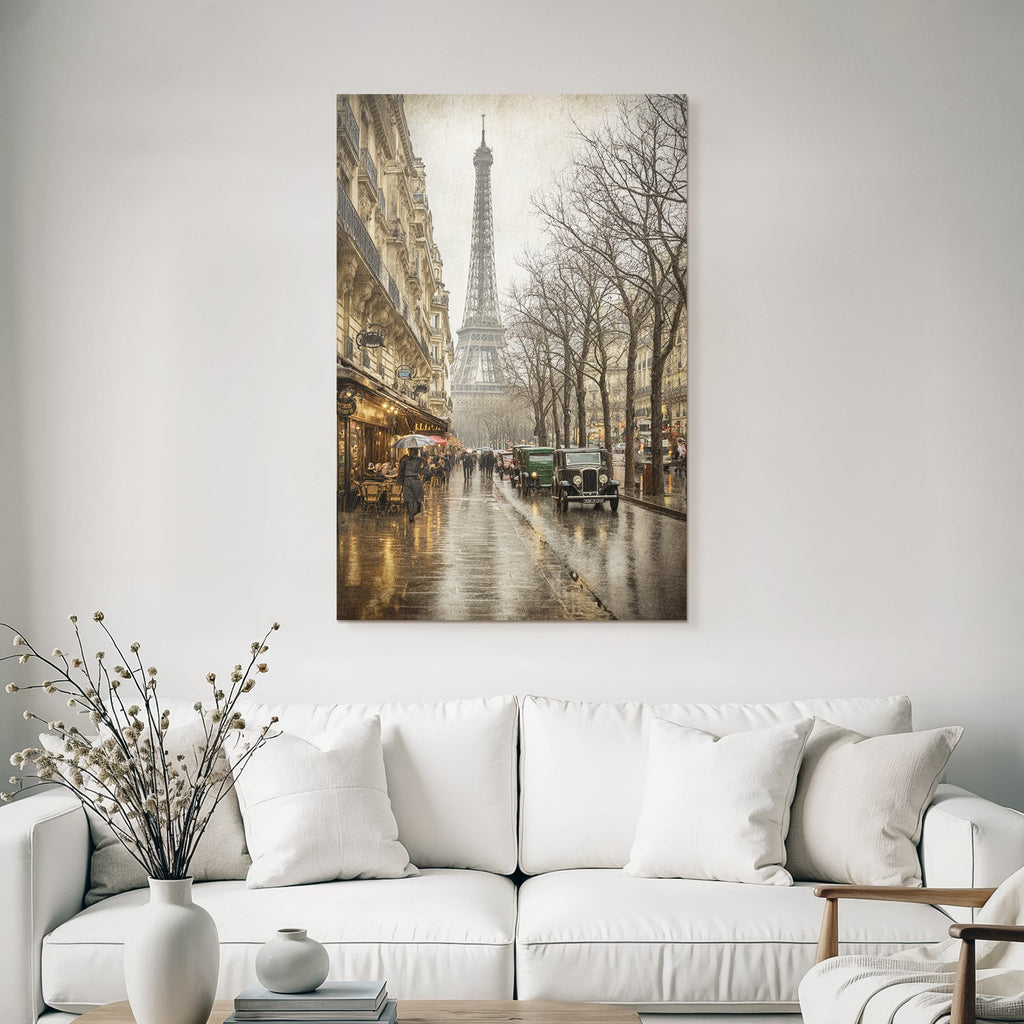 Regnerische Strassenszene In Paris Mit Eiffelturm Regenschirmen Und Nostalgischen Autos