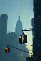 Stylisierte Stadtansicht Mit Ampeln Und Wolkenkratzer Silhoütte Und Kühler Atmosphäre | Staedtekunst | Laender und Reisen