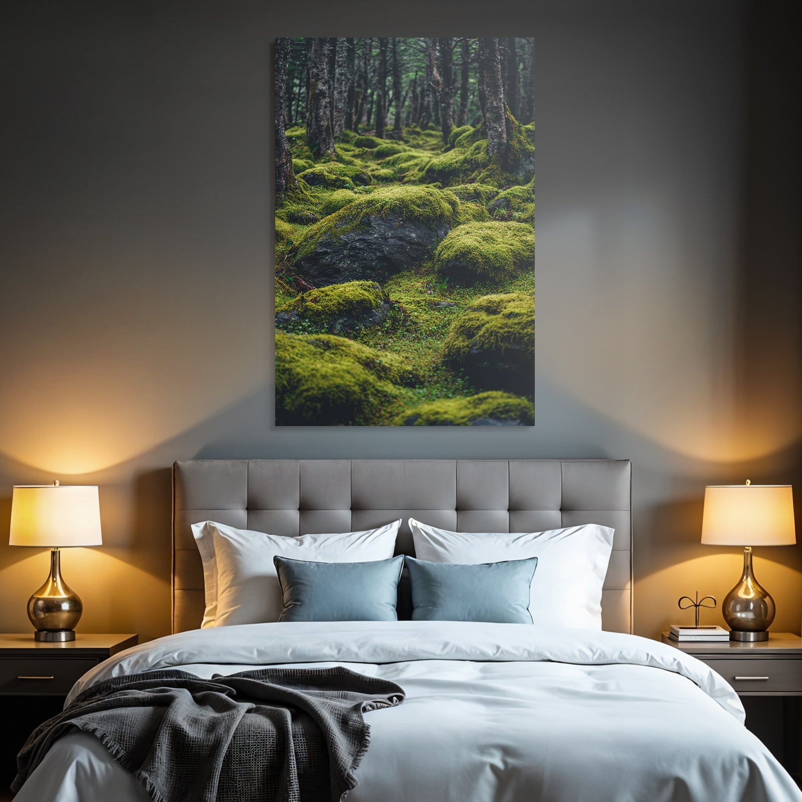 Wald Mit Moosbedeckten Felsen Und Boden