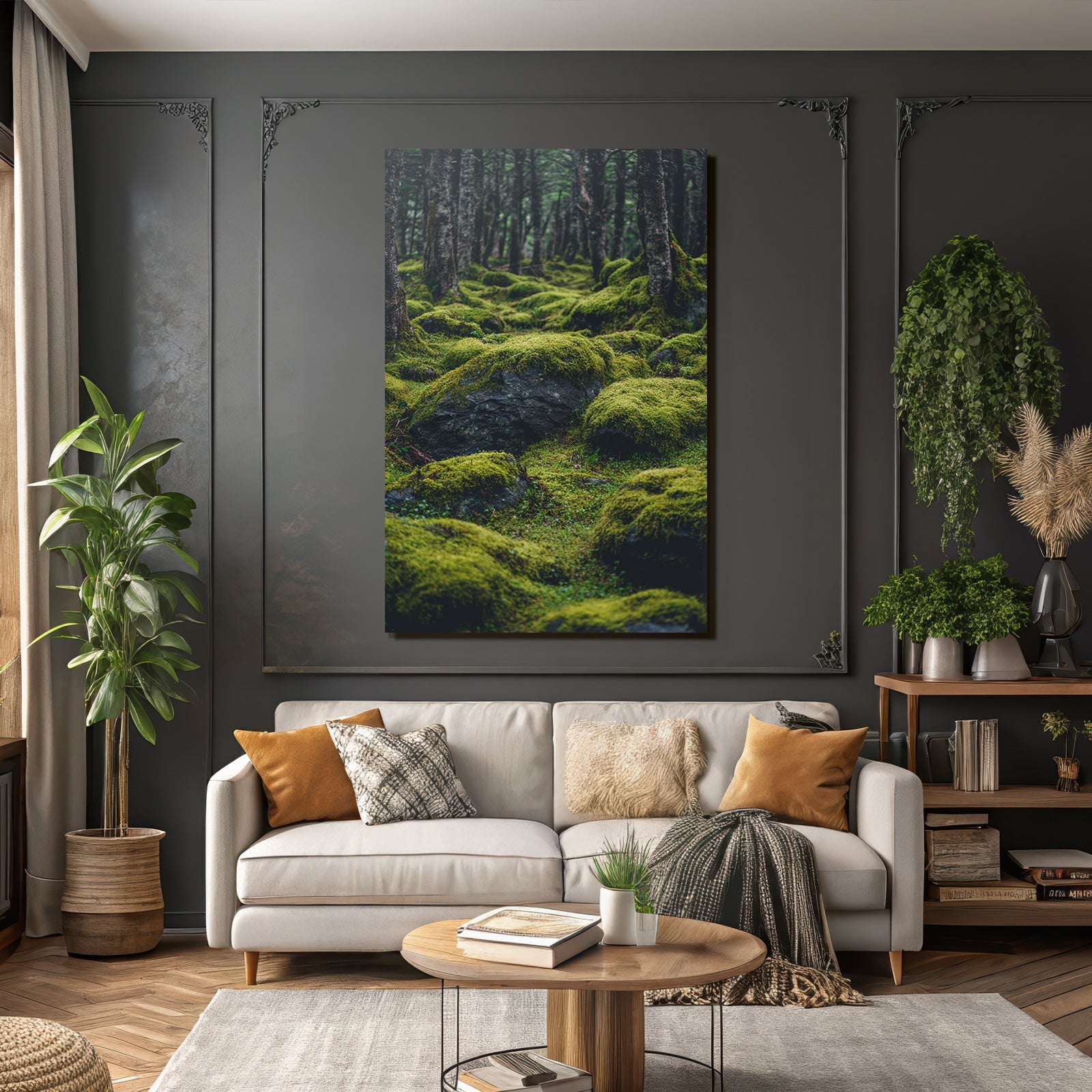 Wald Mit Moosbedeckten Felsen Und Boden
