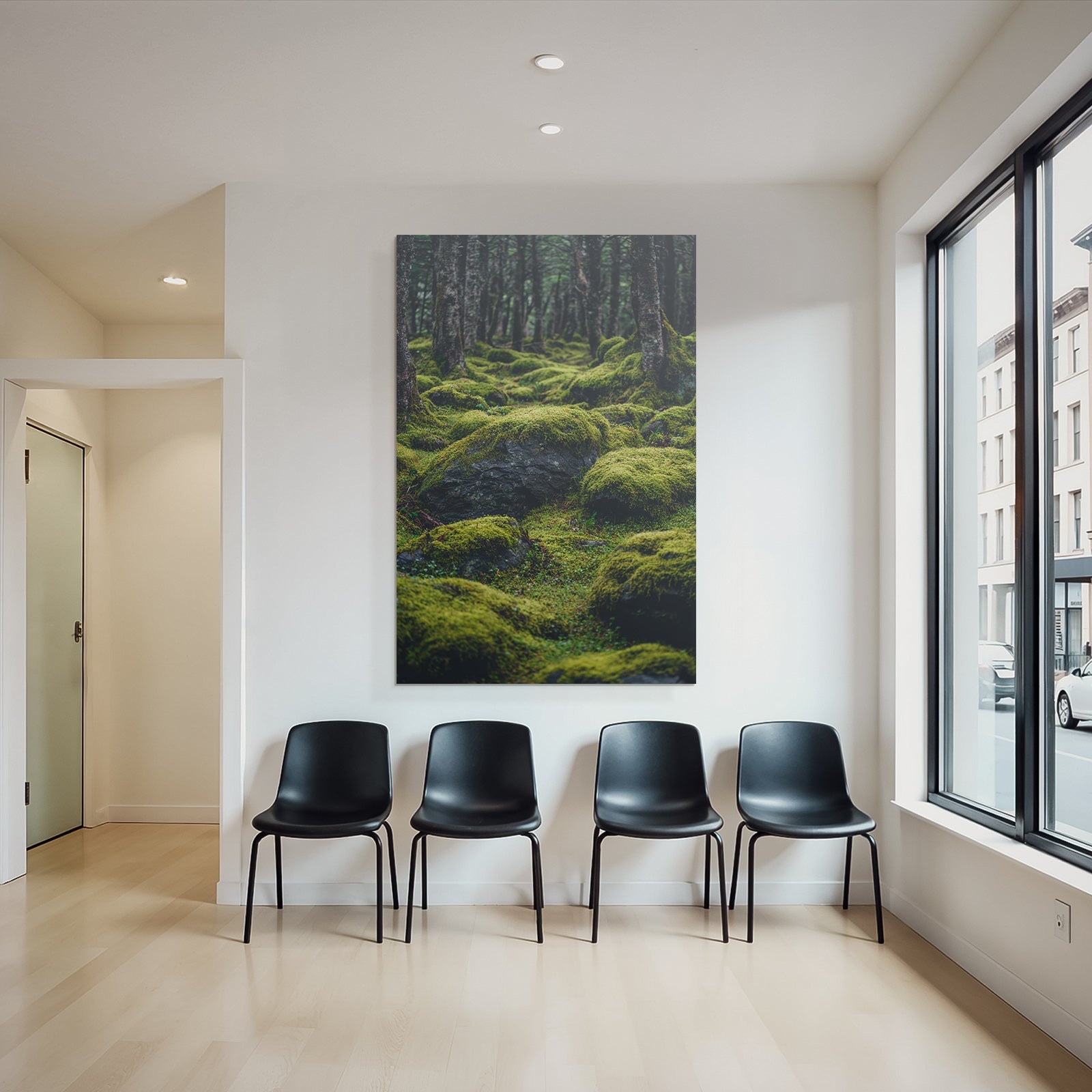 Wald Mit Moosbedeckten Felsen Und Boden