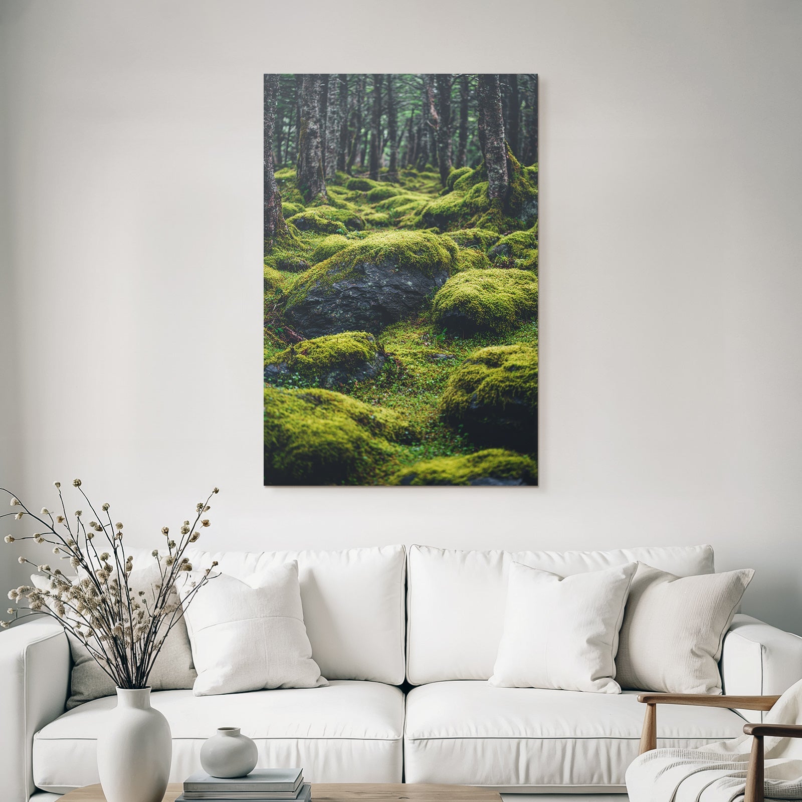 Wald Mit Moosbedeckten Felsen Und Boden
